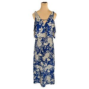 Dex NWT Cold Shoulder V-Neck Blue and White Floral Long Length Dress Sz XS